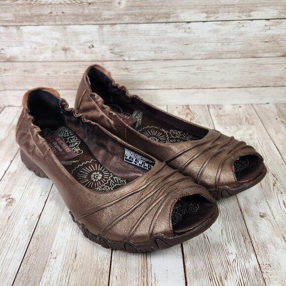 SKECHERS Originals Bikers Women's 9 Bronze Brown Leather Slip-On Peep Toe Flats - Picture 1 of 9